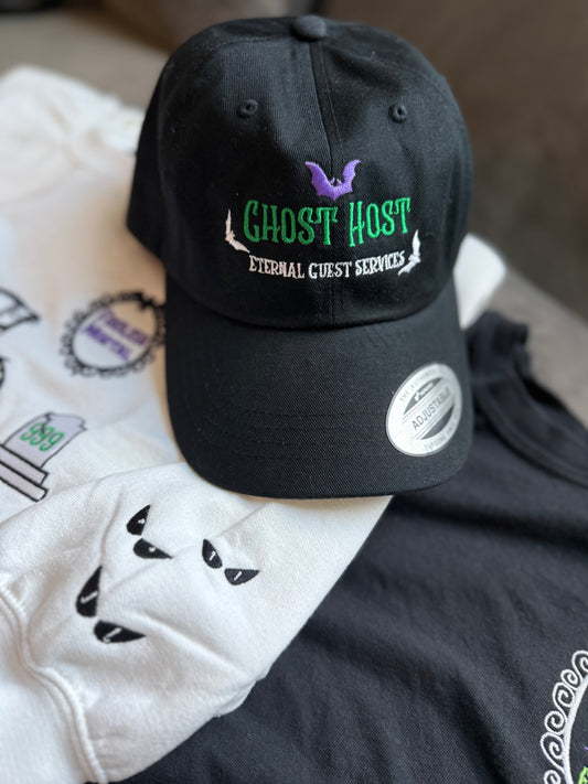 Ghost Host Hat - Embroidered Haunted Cap | Halloween Aesthetic | Est. 999 | Spooky Season Hat | Gothic Theme Park Style | Ghost Costume Accessory
