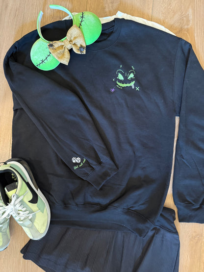 Mischief Grin Embroidered Sweatshirt | Dice Sleeve Edition | Well, well, well Villain Fan Favorite | Halloween Sweater