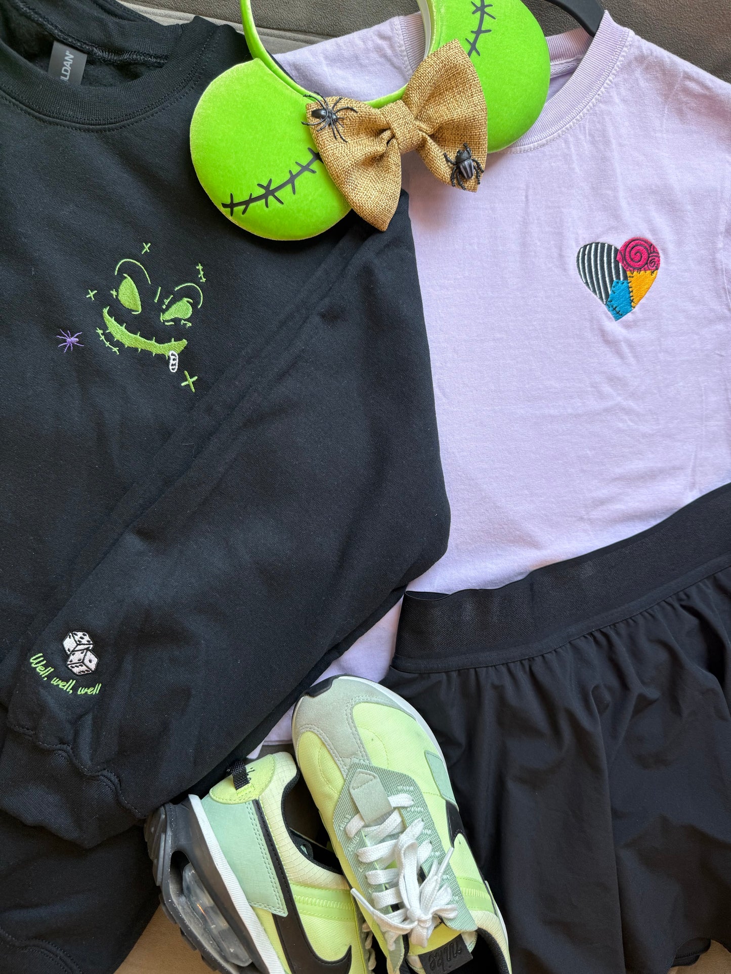 Mischief Grin Embroidered Sweatshirt | Dice Sleeve Edition | Well, well, well Villain Fan Favorite | Halloween Sweater
