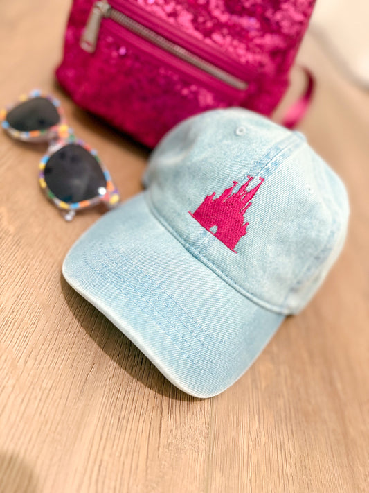 Denim Pink Embroidered Castle Hat