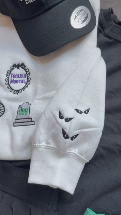 🕯️ Gothic Manor-Inspired Embroidered Sweater | Haunted Carriage, 999 Tombstone, Foolish Mortal & Top Hat Icons ⚰️